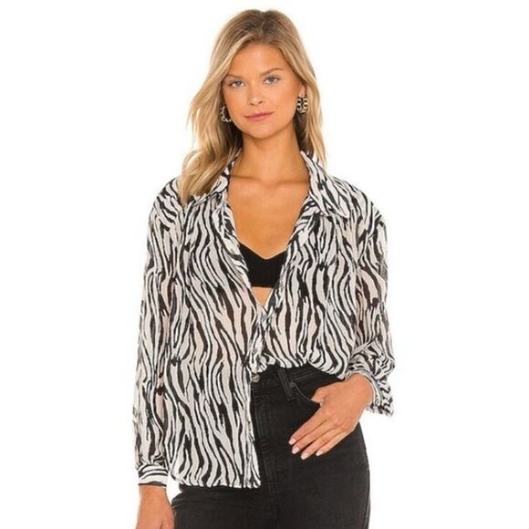 Free People Tops - NWT Free People Ciara Black White Zebra Animal Print Sheer Button Up Blouse XS
